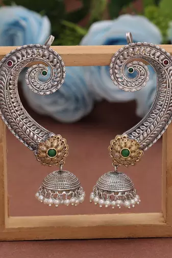 Green color dual tone oxidised earrings cuff