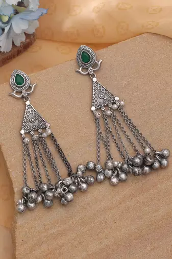 Green color silver plated oxidised dangle earrings