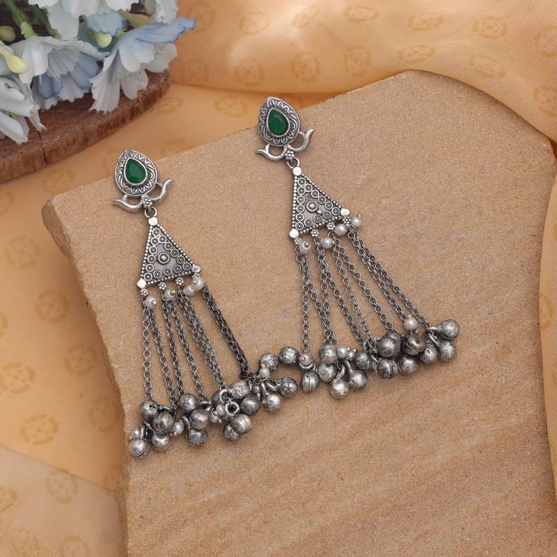 Green color silver plated oxidised dangle earrings