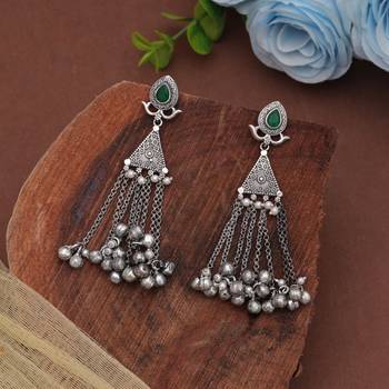 Green color silver plated oxidised dangle earrings 2
