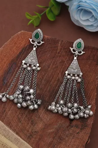 Green color silver plated oxidised dangle earrings