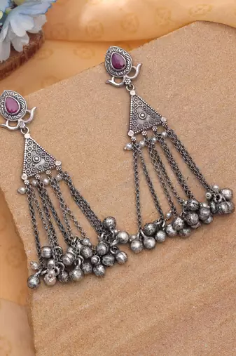 Pink color traditional oxidised dangle earrings