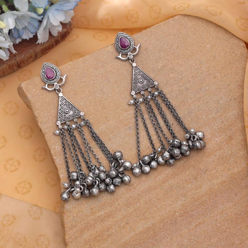 Pink color traditional oxidised dangle earrings