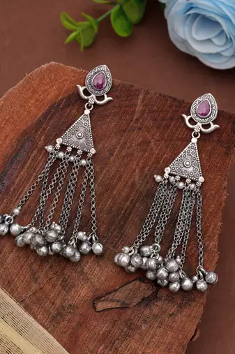 Pink color traditional oxidised dangle earrings