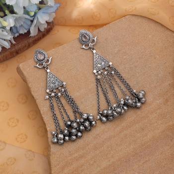 White color silver plated oxidised dangle earrings 1