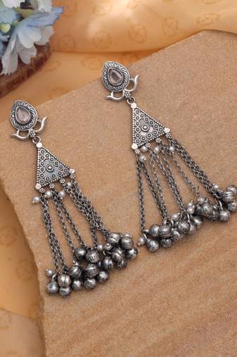 White color silver plated oxidised dangle earrings