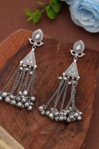 White color silver plated oxidised dangle earrings