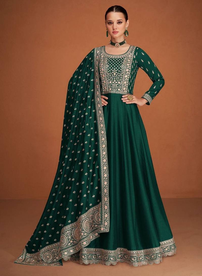 Emerald Green Embroidered Anarkali Gown with Designer Dupatta – Premium Ethnic Wear