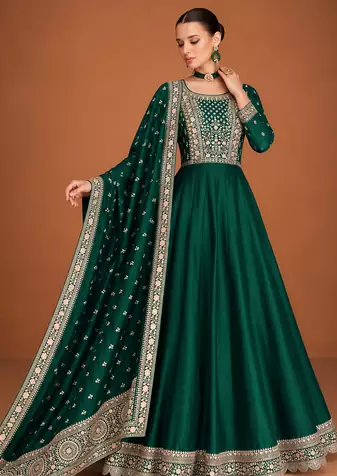 Emerald Green Embroidered Anarkali Gown with Designer Dupatta – Premium Ethnic Wear