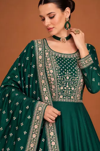 Emerald Green Embroidered Anarkali Gown with Designer Dupatta – Premium Ethnic Wear