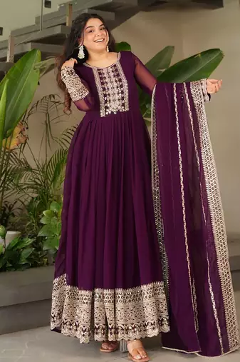 women's georgette embroidered anarkali gown with dupatta set