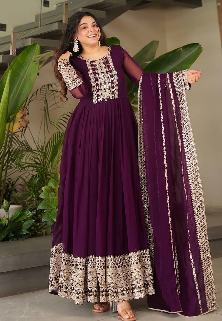 women's georgette embroidered anarkali gown with dupatta set