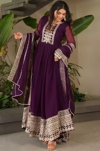 women's georgette embroidered anarkali gown with dupatta set