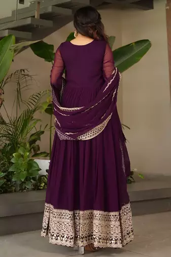 women's georgette embroidered anarkali gown with dupatta set