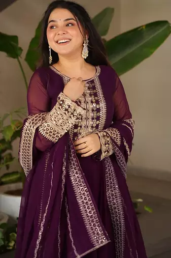 women's georgette embroidered anarkali gown with dupatta set