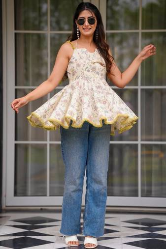 women's cotton blend floral printed flared top