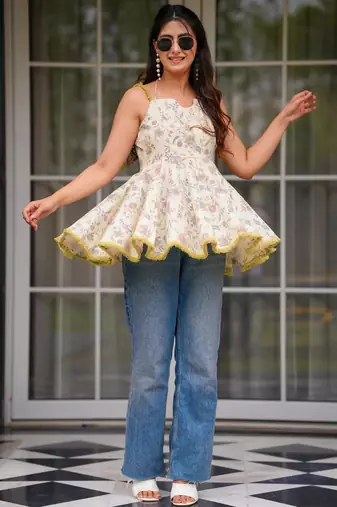 women's cotton blend floral printed flared top