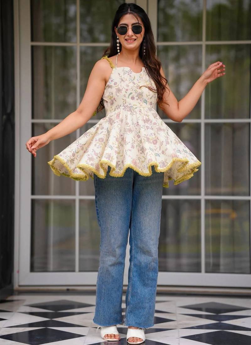 women's cotton blend floral printed flared top
