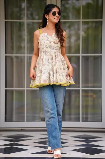 women's cotton blend floral printed flared top