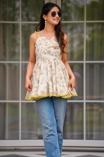 women's cotton blend floral printed flared top
