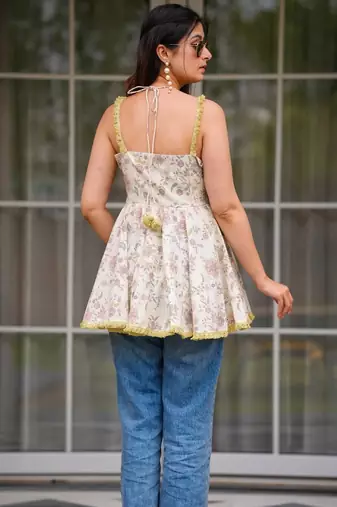 women's cotton blend floral printed flared top