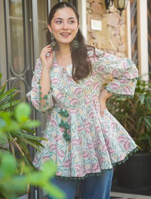 Trijal fab women's cotton blend floral printed flared top 2