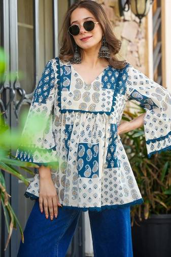 women's cotton blend floral printed flared top