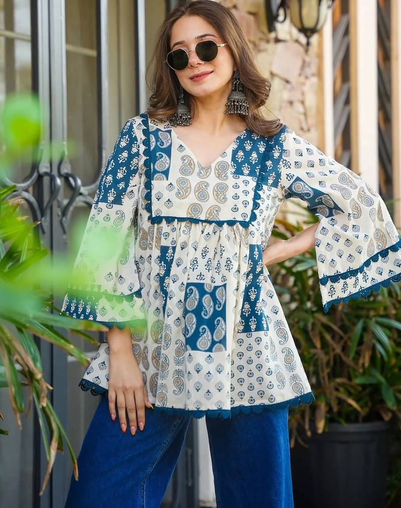 women's cotton blend floral printed flared top