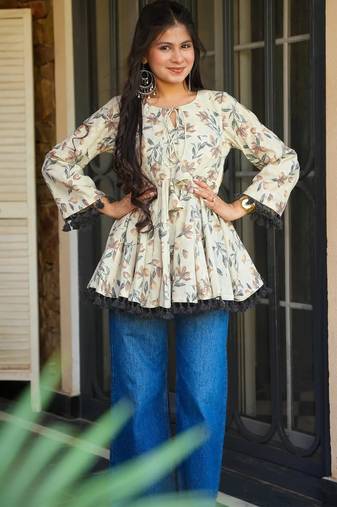 women's cotton blend floral printed flared top