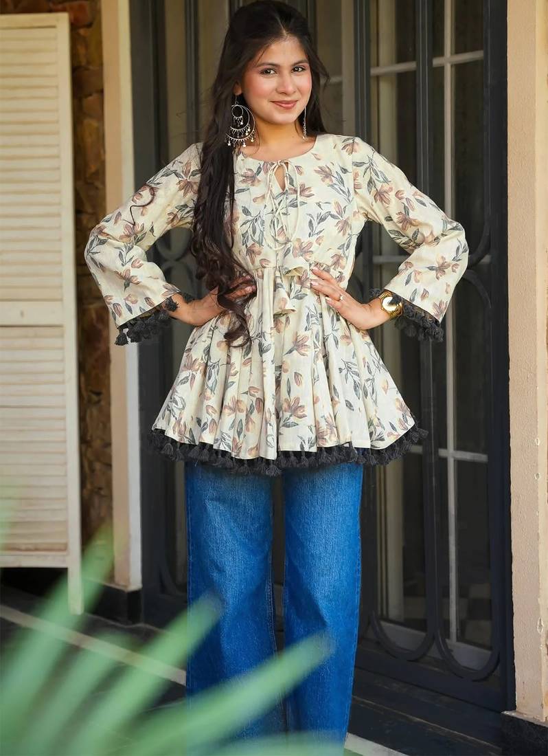 women's cotton blend floral printed flared top