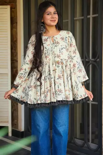women's cotton blend floral printed flared top