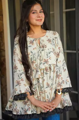 women's cotton blend floral printed flared top
