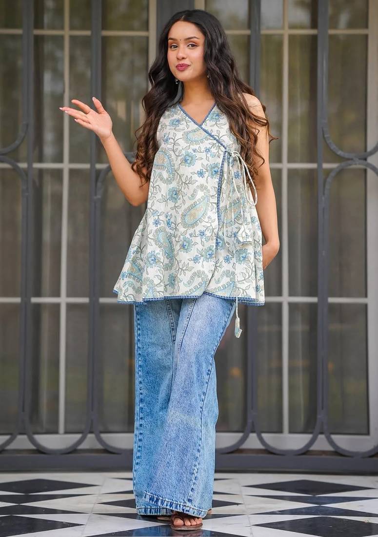 women's cotton blend floral printed flared top