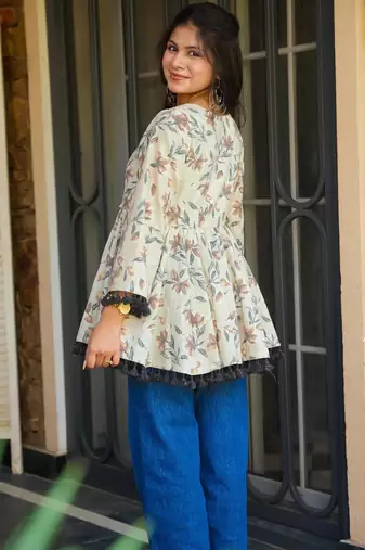 women's cotton blend floral printed flared top