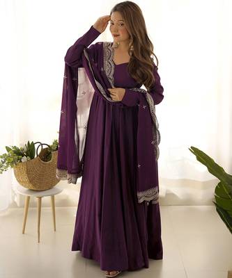 Trijal fab women's georgette embroidered anarkali gown with dupatta set 1
