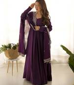 Trijal fab women's georgette embroidered anarkali gown with dupatta set