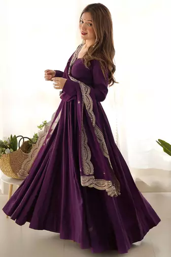 Trijal fab women's georgette embroidered anarkali gown with dupatta set