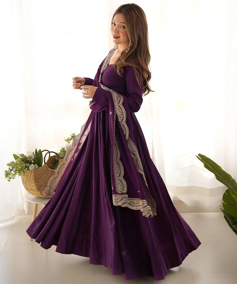 Trijal fab women's georgette embroidered anarkali gown with dupatta set