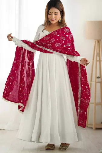 women's georgette embroidered anarkali gown with dupatta set