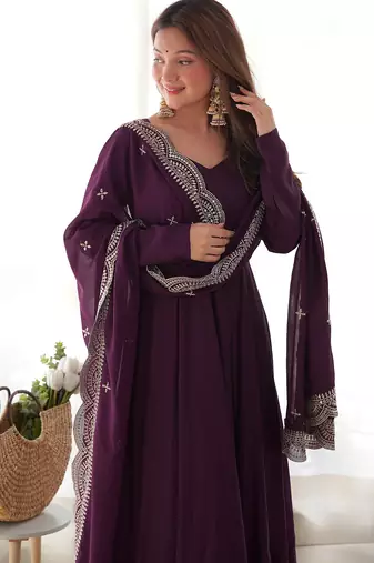 Trijal fab women's georgette embroidered anarkali gown with dupatta set