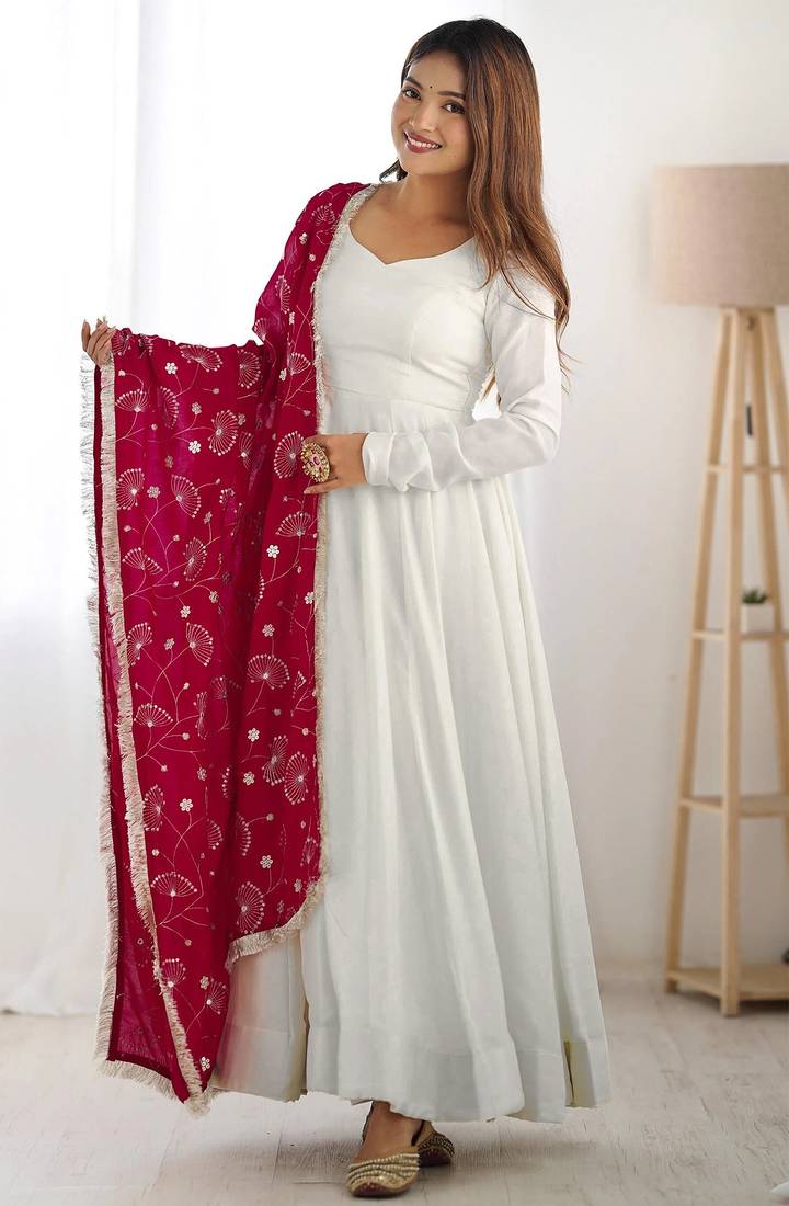 women's georgette embroidered anarkali gown with dupatta set