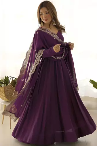 Trijal fab women's georgette embroidered anarkali gown with dupatta set