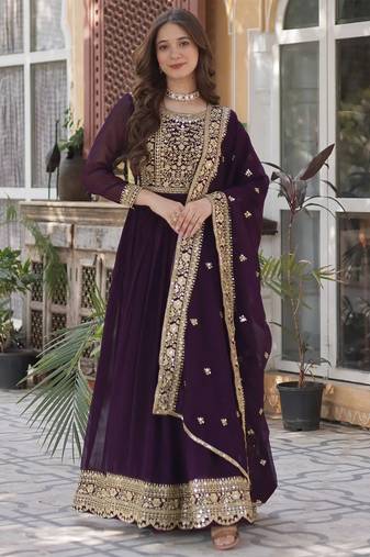 women's georgette embroidered anarkali gown with dupatta set