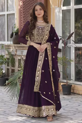 women's georgette embroidered anarkali gown with dupatta set