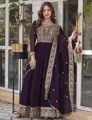 women's georgette embroidered anarkali gown with dupatta set 2