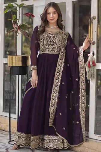 women's georgette embroidered anarkali gown with dupatta set