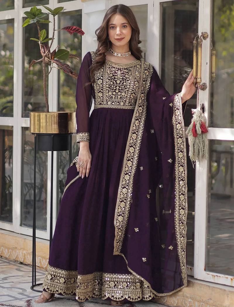 women's georgette embroidered anarkali gown with dupatta set