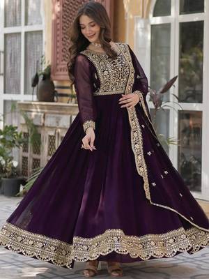women's georgette embroidered anarkali gown with dupatta set 3