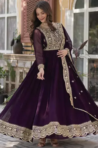 women's georgette embroidered anarkali gown with dupatta set