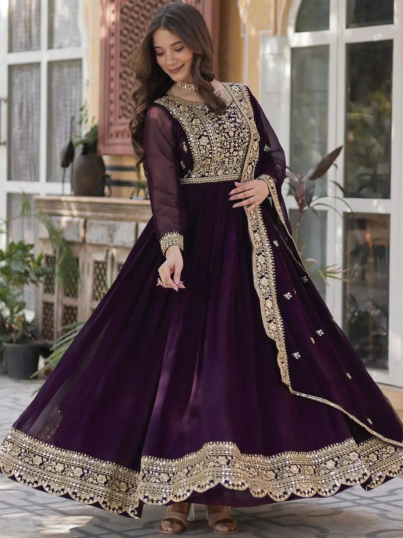 women's georgette embroidered anarkali gown with dupatta set